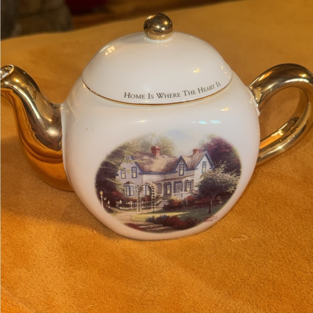 Thomas Kinkade White and Gold Porcelain Teapot with Cottage Motif